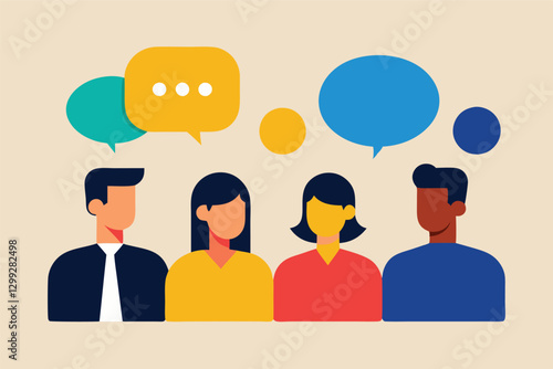 diverse group of people, stylized illustration, speech bubbles, communication concept, flat design, bright colors, minimalist portraits, teamwork, social interaction, geometric shapes