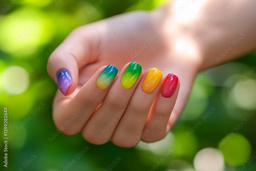 Naklejka premium Colorful gradient manicure on female hand with nature background