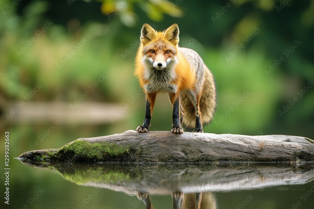 Red fox standing on mossy log above calm pond reflection