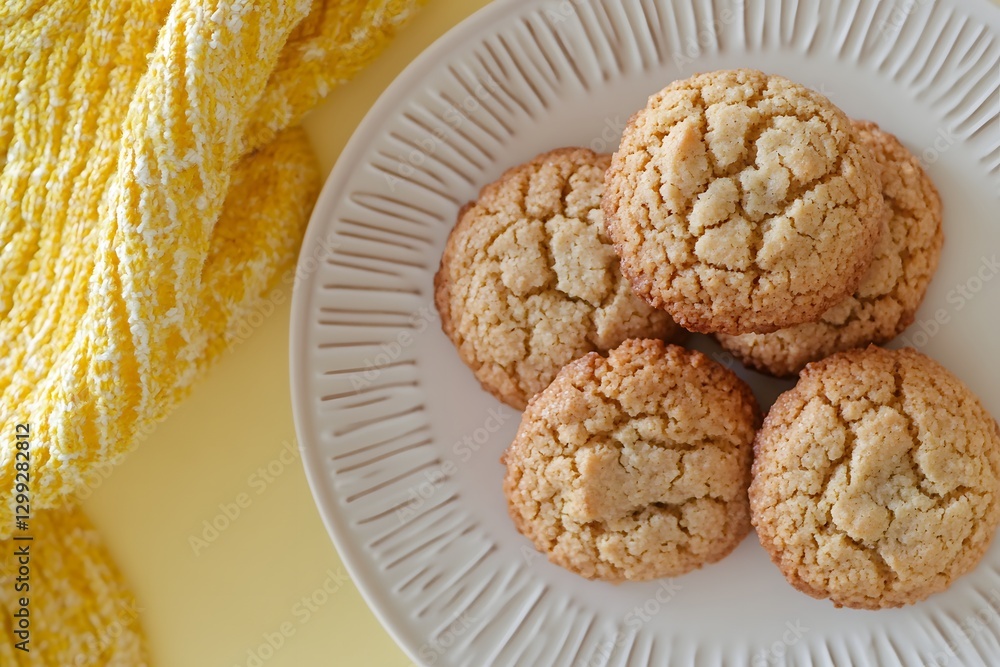 Golden Baked Cookies: Delightful array of freshly baked cookies, with cracked surfaces, arranged artfully on a stylish plate, beside a textured textile on a solid surface