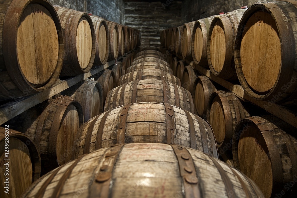 Rows of wooden whiskey barrels in a cellar for aging and fermentation Rows of wooden whiskey barrels in a cellar for aging and fermentation