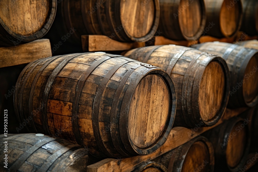 Rustic wooden barrels in a traditional cellar for aging wine or whiskey Rustic wooden barrels in a traditional cellar for aging wine or whiskey