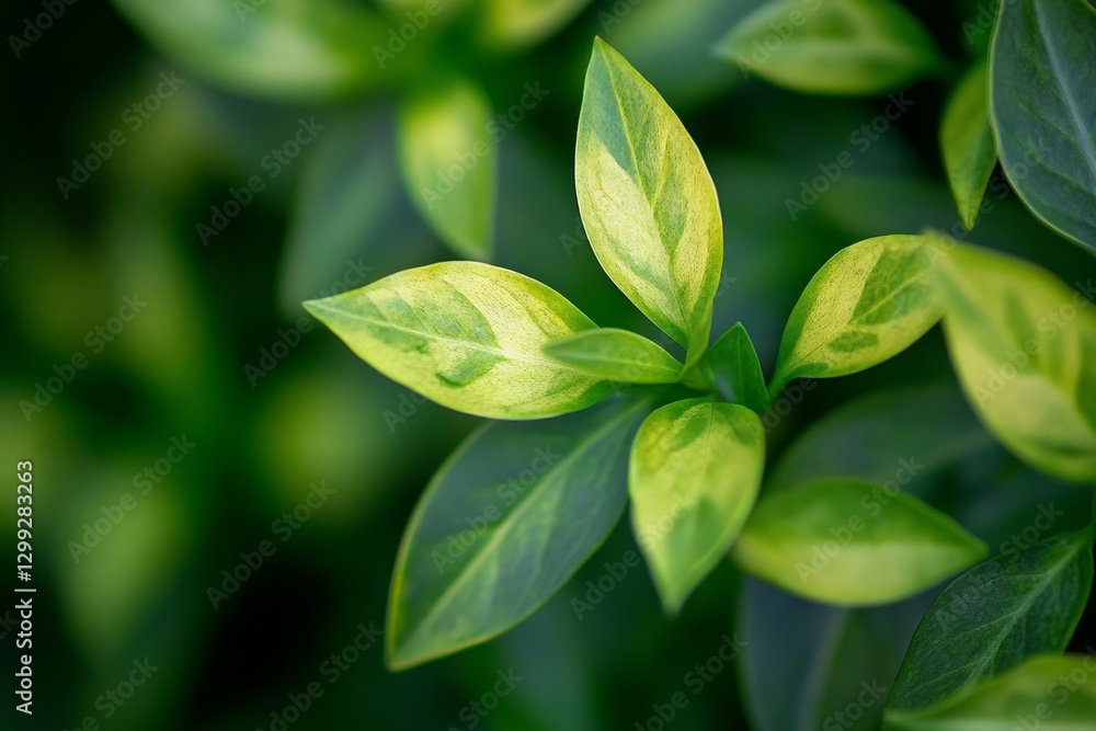 Close-up of vibrant green leaves with yellow highlights in natural setting Close-up of vibrant green leaves with yellow highlights in natural setting