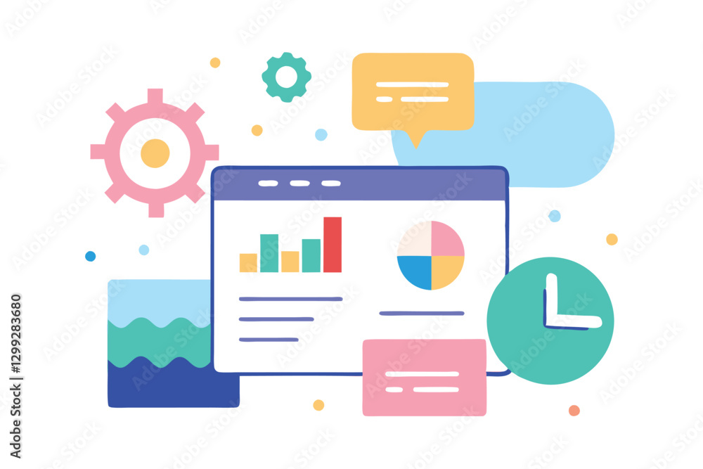 Colorful flat design illustration, data analytics dashboard, browser window, bar graphs, pie charts, speech bubbles, cogwheels, clock icon, pastel color palette, business intelligence concept, Colorful flat design illustration, data analytics dashboard, browser window, bar graphs, pie charts, speech bubbles, cogwheels, clock icon, pastel color palette, business intelligence concept,