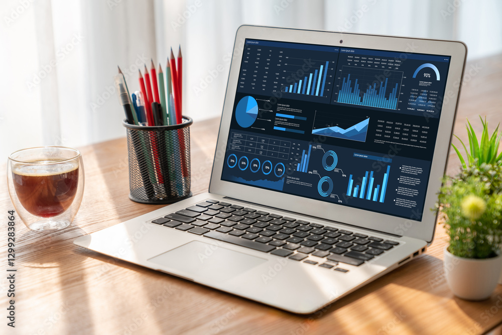 Fototapeta premium Business data dashboard provide business intelligence analytic for marketing strategy planning snugly with big data set to analyze customer demands and foreseeing business future