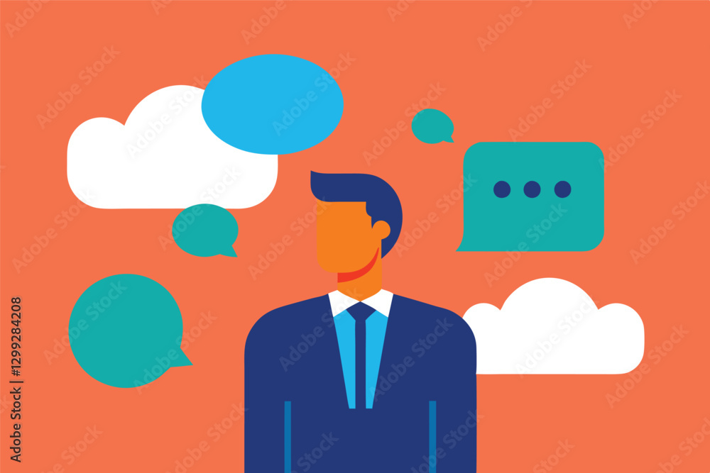 Business professional, minimalist illustration, thought bubbles, speech bubbles, communication concept, blue suit, orange background, flat design, geometric shapes, ideas visualization, Business professional, minimalist illustration, thought bubbles, speech bubbles, communication concept, blue suit, orange background, flat design, geometric shapes, ideas visualization,