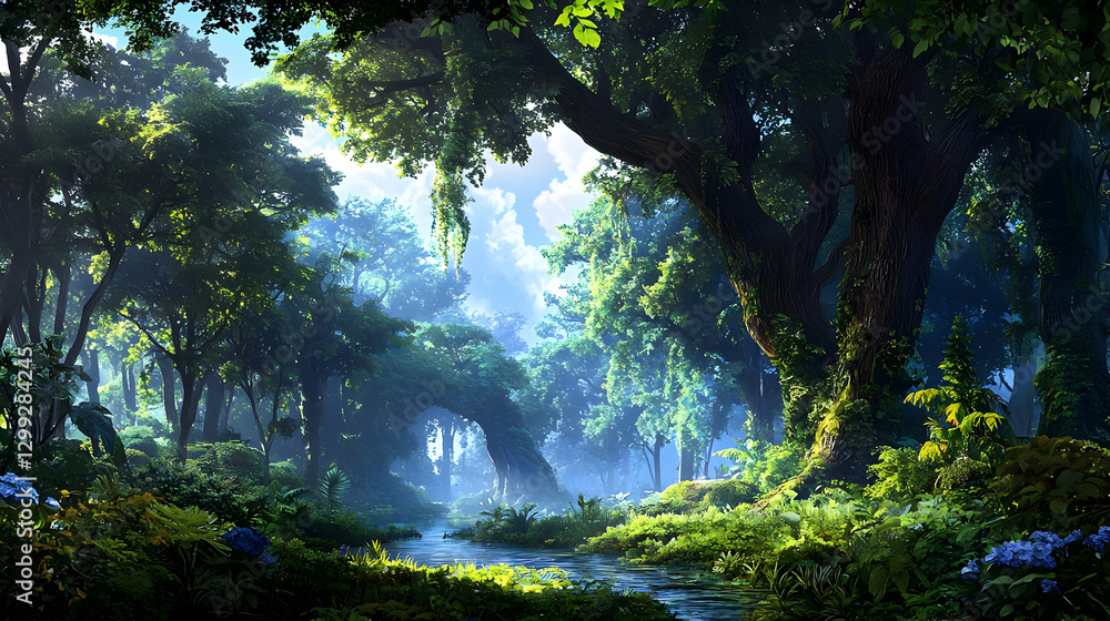 Fototapeta premium Lush Green Forest Landscape with Sunlight Streaming Through a Dense Canopy and Winding River