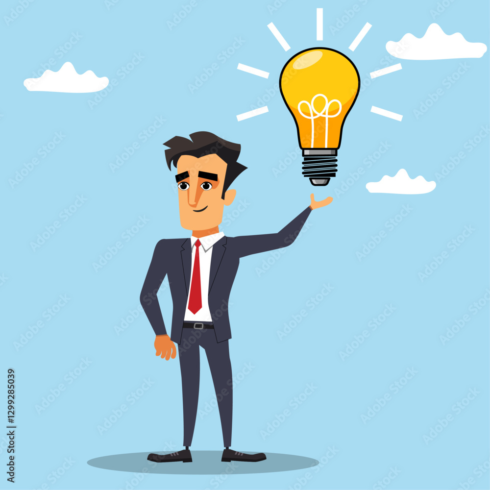 Businessman with a lightbulb moment, an idea or solving a problem, completing a task Businessman with a lightbulb moment, an idea or solving a problem, completing a task