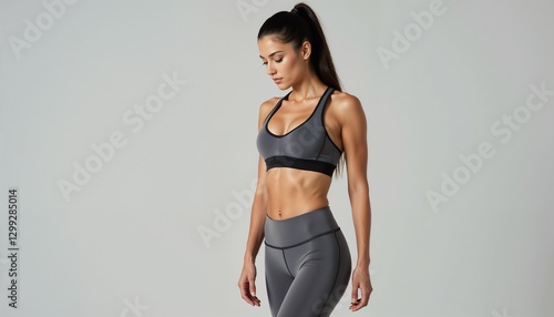 Wallpaper Mural A sporty, confident young woman dressed in modern fitness wear, radiant with health, standing confidently against a neutral colored background, showcasing determination and an active lifestyle.

 Torontodigital.ca