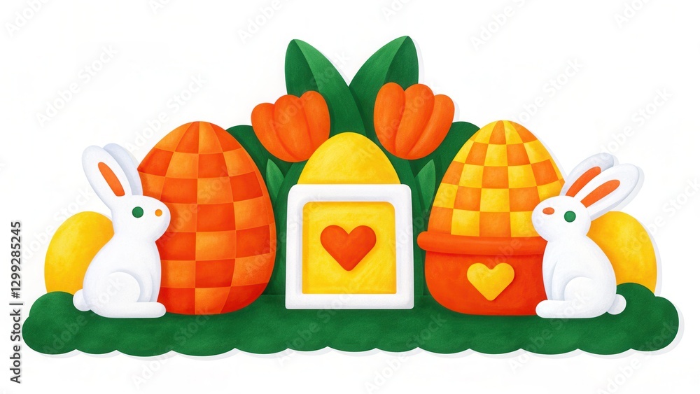 Fototapeta premium Cheerful Easter Illustration with Bunnies and Tulips