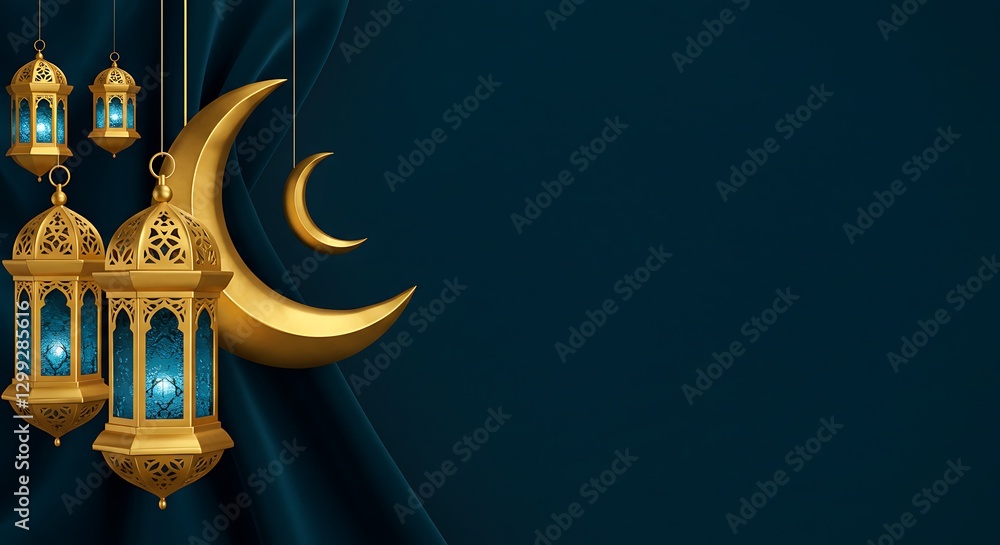 Fototapeta premium Elegant Ramadan Background with Golden Lanterns, Crescent Moons on Velvet Blue – Copy Space