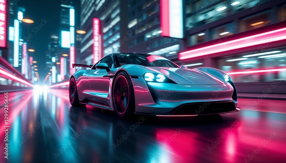 Naklejka premium A futuristic electric sports car racing through a vibrant cityscape with glowing neon lights, evoking speed, technology, and elegance in a modern urban setting.