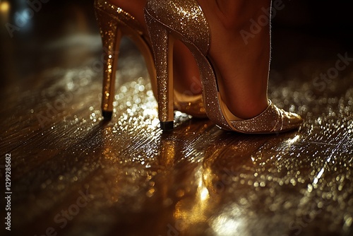 Golden heels on wooden floor, elegant woman's feet, party background, close-up