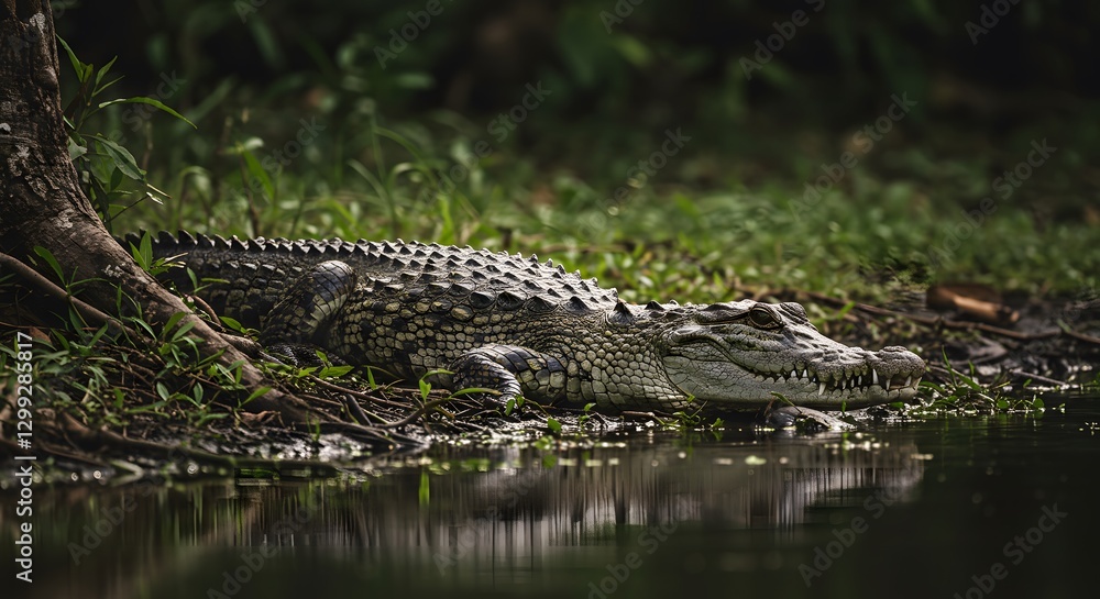 Fototapeta premium Crocodile Resting Near Water's Edge in Lush Green Habitat