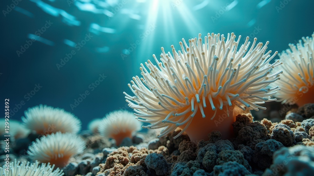 Close-up of coral polyps affected by bleaching under sunlight in a marine ecosystem Close-up of coral polyps affected by bleaching under sunlight in a marine ecosystem