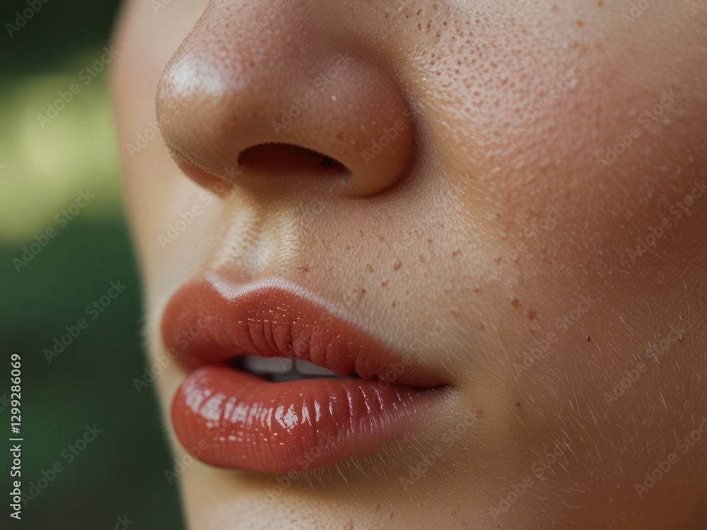 Fototapeta premium Hyper-Realistic Close-Up of Glossy Lips with Natural Skin Texture