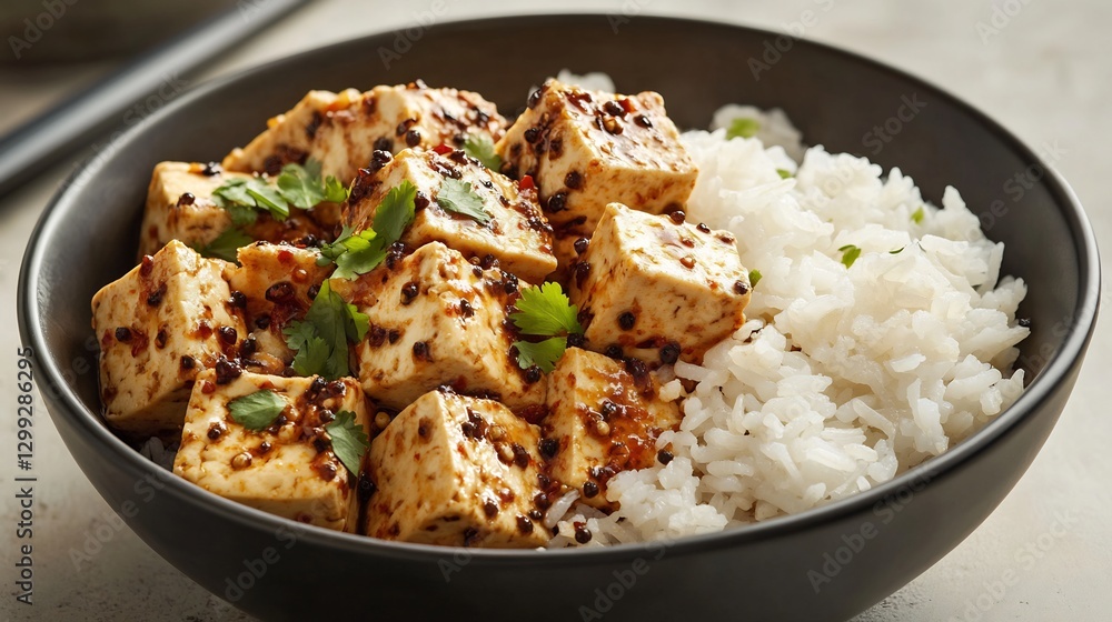 Bowl of spicy mala tofu numbing Sichuan peppercorn served steamed rice Bowl of spicy mala tofu numbing Sichuan peppercorn served steamed rice