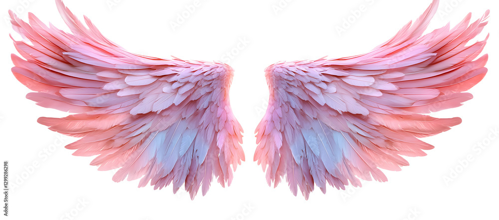 Fototapeta premium Beautiful realistic symmetrical angel wings. Pastel Pink wings with detailed feathers. Generative AI png with transparent background, clipart.