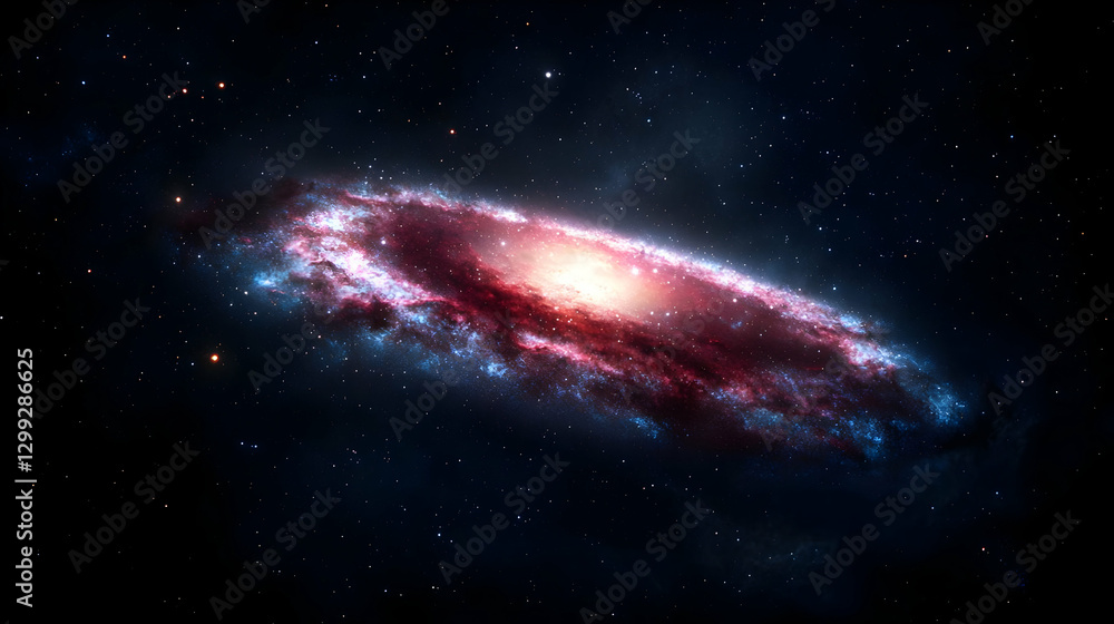 Fototapeta premium Spiral Galaxy Displaying Blue And Red Hues Against A Dark Space Background