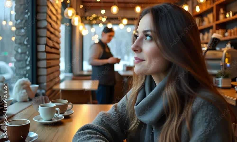 Cozy Cafe Moment: A Woman Enjoying a Quiet Pause. Cozy Cafe Moment: A Woman Enjoying a Quiet Pause.