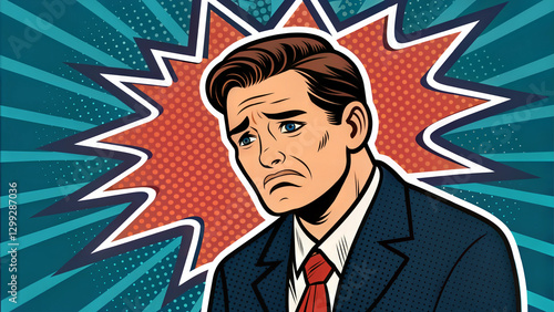 Sad businessman with dramatic background in pop art style