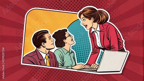 Businesswoman leading discussion with team in pop art style