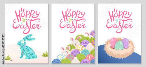 Simple Easter poster set with rabbit and Fluffy birds nest with colored eggs. Happy Easter lettering. Simple vertical greeting backgrounds for invitations. Folk style. Vector flat illustration.