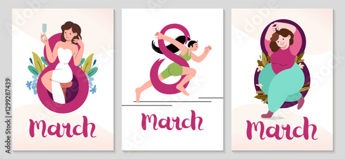 International Women's Day vertical posters set. Self care, love yourself icon or body positive concept. Joyful girl with champagne. Invitation with number 8 and spring plants. Vector illustration.