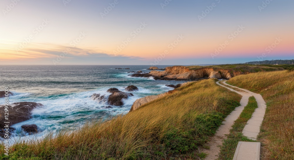 Coastal path with tall grass, cliffs, and ocean waves under colorful sunset sky Coastal path with tall grass, cliffs, and ocean waves under colorful sunset sky