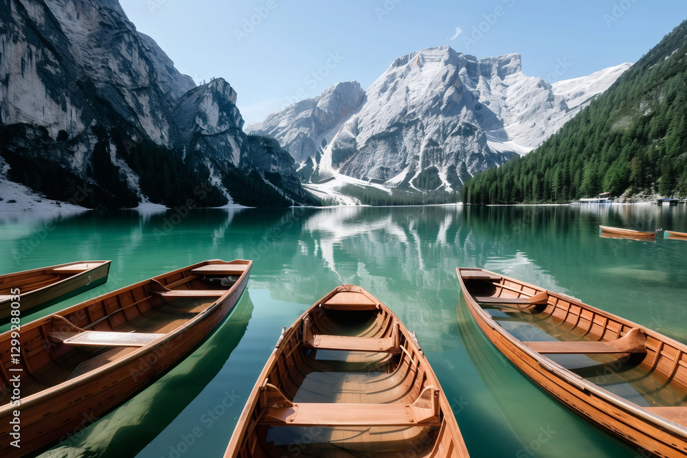 Boats on a pristine alpine lake in the mountains. Boats on a pristine alpine lake in the mountains.
