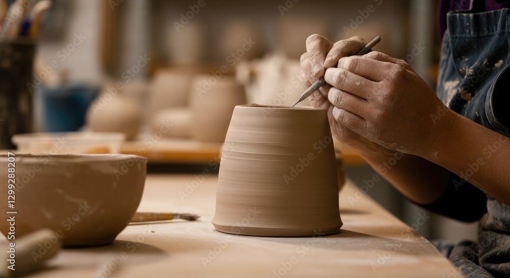 Close-up of someone sculpting pottery with tools in workshop