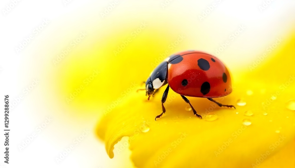 Naklejka premium Una fotografía macro muestra una mariquita sobre un pétalo de flor amarilla cubierto de gotas de agua