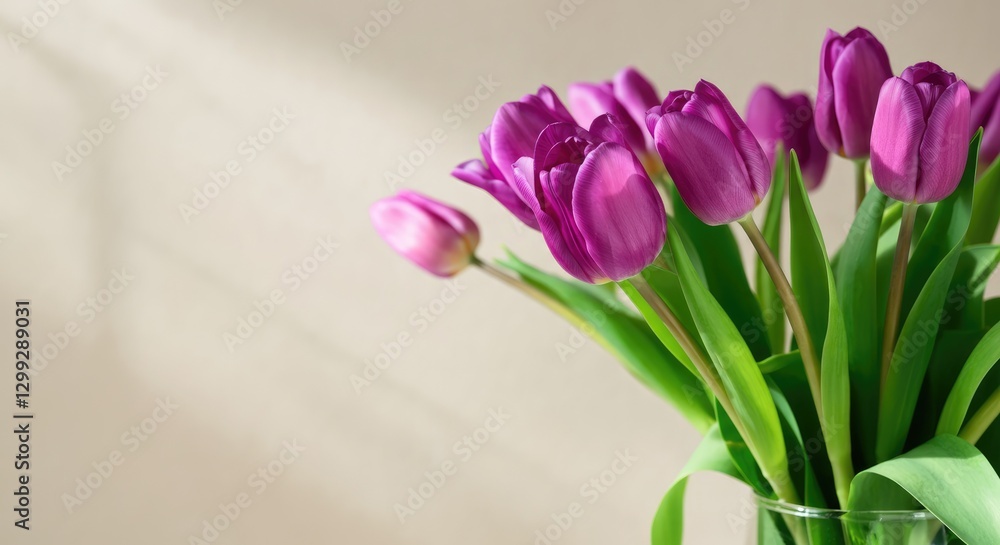 Obraz premium Vase with purple tulip flowers on light background