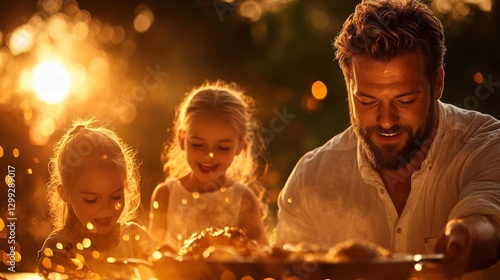 Happy Father Sharing a Meal with Kids in the Warm Glow of Sunset. Generative AI photo