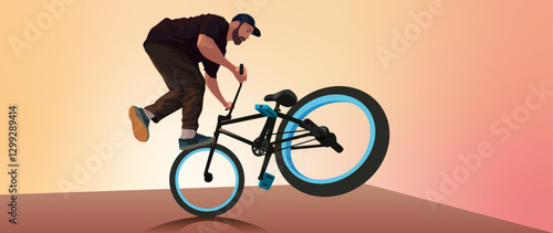 Rider in a cap performs a trick on a black BMX performs a trick. Sunset on the background. dynamic vector illustration. banner