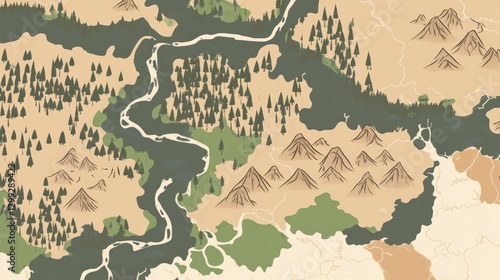 Detailed Fantasy World Map with Stylized Mountains and Rivers