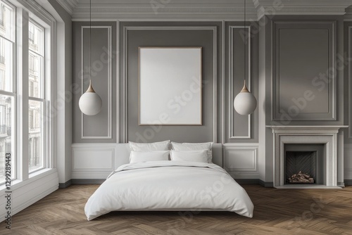 Elegant bedroom with fireplace, showcasing a blank canvas. Possible stock photo use