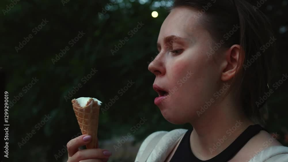 A woman savors a delicious ice cream cone while sitting in a park during a warm summer evening. 