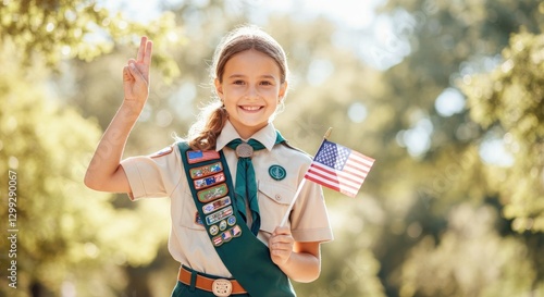 Young girl scout holding flag and making salute gesture outdoors
