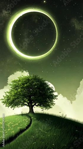 Majestic tree under a glowing crescent moon in a starry night sky with soft clouds and a vibrant green landscape