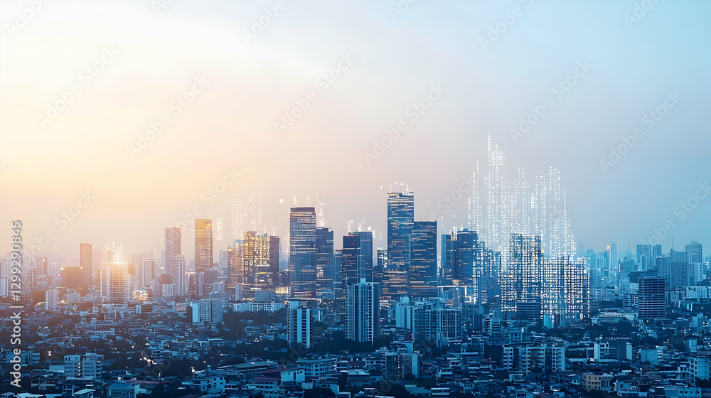 Fototapeta premium Modern City Skyline Illuminated At Sunset With Blue And Gold Hues Representing Urban Progress