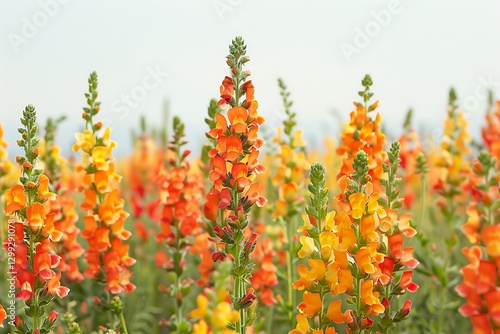 An expansive field of orange and yellow snapdragons under a clear sky, their dragon-shaped flowers standing out brightly. photo