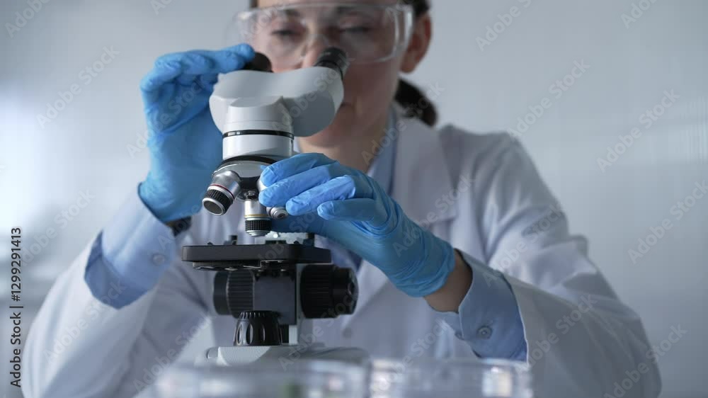 Woman scientist wearing lab coat, white protective gloves and glasses, is using microscope in modern laboratory setup, portrait view. Low key lighting video. Science and Medicine Woman scientist wearing lab coat, white protective gloves and glasses, is using microscope in modern laboratory setup, portrait view. Low key lighting video. Science and Medicine