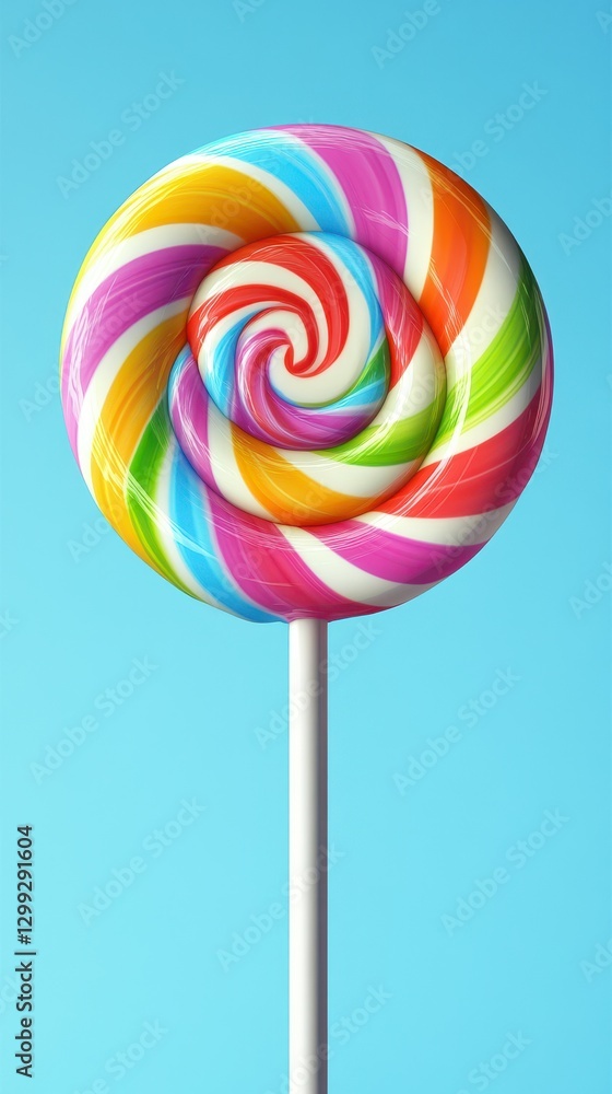 Colorful swirl lollipop displayed against a bright blue background at a cheerful outdoor setting Colorful swirl lollipop displayed against a bright blue background at a cheerful outdoor setting