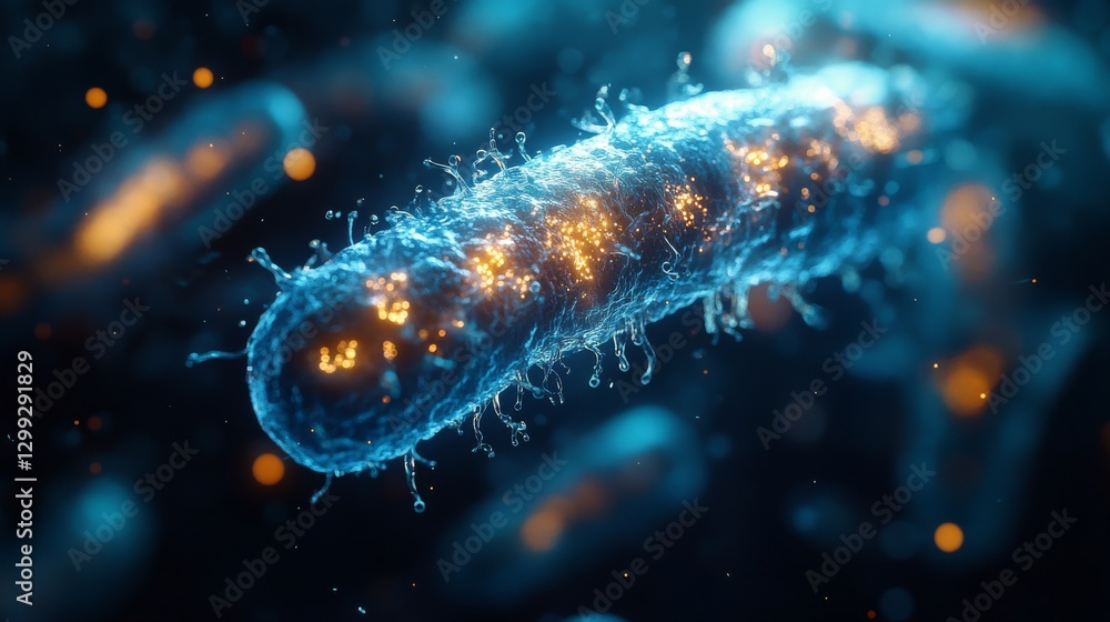 Microscopic Bacteria with bioluminescent elements, blue, orange, 3D rendering of pathogenic cell, conceptual illustration, focus on single organism. Microscopic Bacteria with bioluminescent elements, blue, orange, 3D rendering of pathogenic cell, conceptual illustration, focus on single organism.