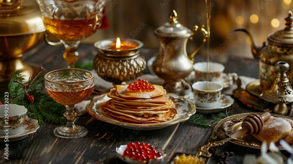 a table with snacks for Shrovetide. with pancakes, tea, honey, samovar and caviar a table with snacks for Shrovetide. with pancakes, tea, honey, samovar and caviar