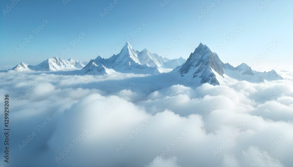 Obraz premium Una foto panorámica captura una majestuosa cadena montañosa que atraviesa un mar de nubes, frente a un cielo azul degradado
