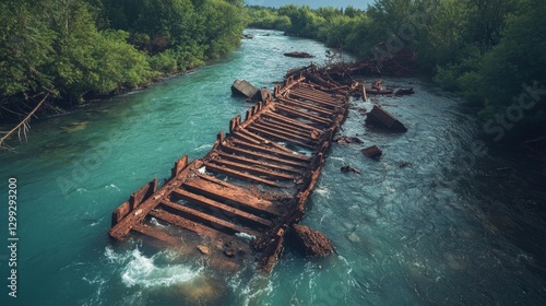 Ruined train bridge over a river with rusting metal beams and water passing through. Generative AI photo