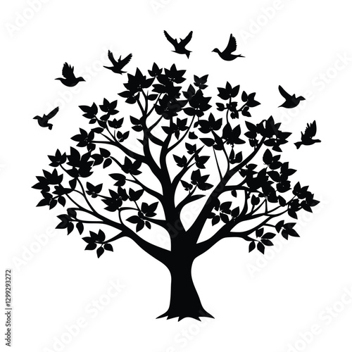 tree with birds silhotted on white background.