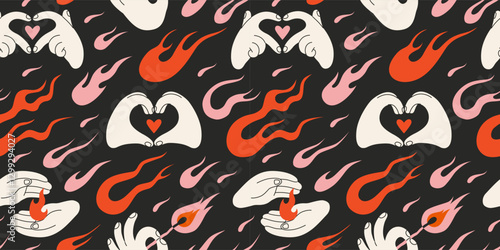Seamless pattern with flames and Hands gestures making Heart shape or holding fire. Love and passion concept in y2k aesthetic. Trendy modern vector illustration on black background, hand drawn, flat